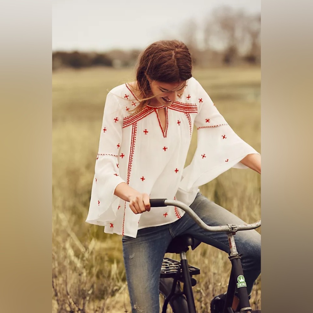 White Embroidered Peasant Top with Red Accents